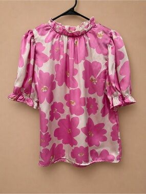 entro Pink Floral Puff Sleeve Ruffle Neck Blouse